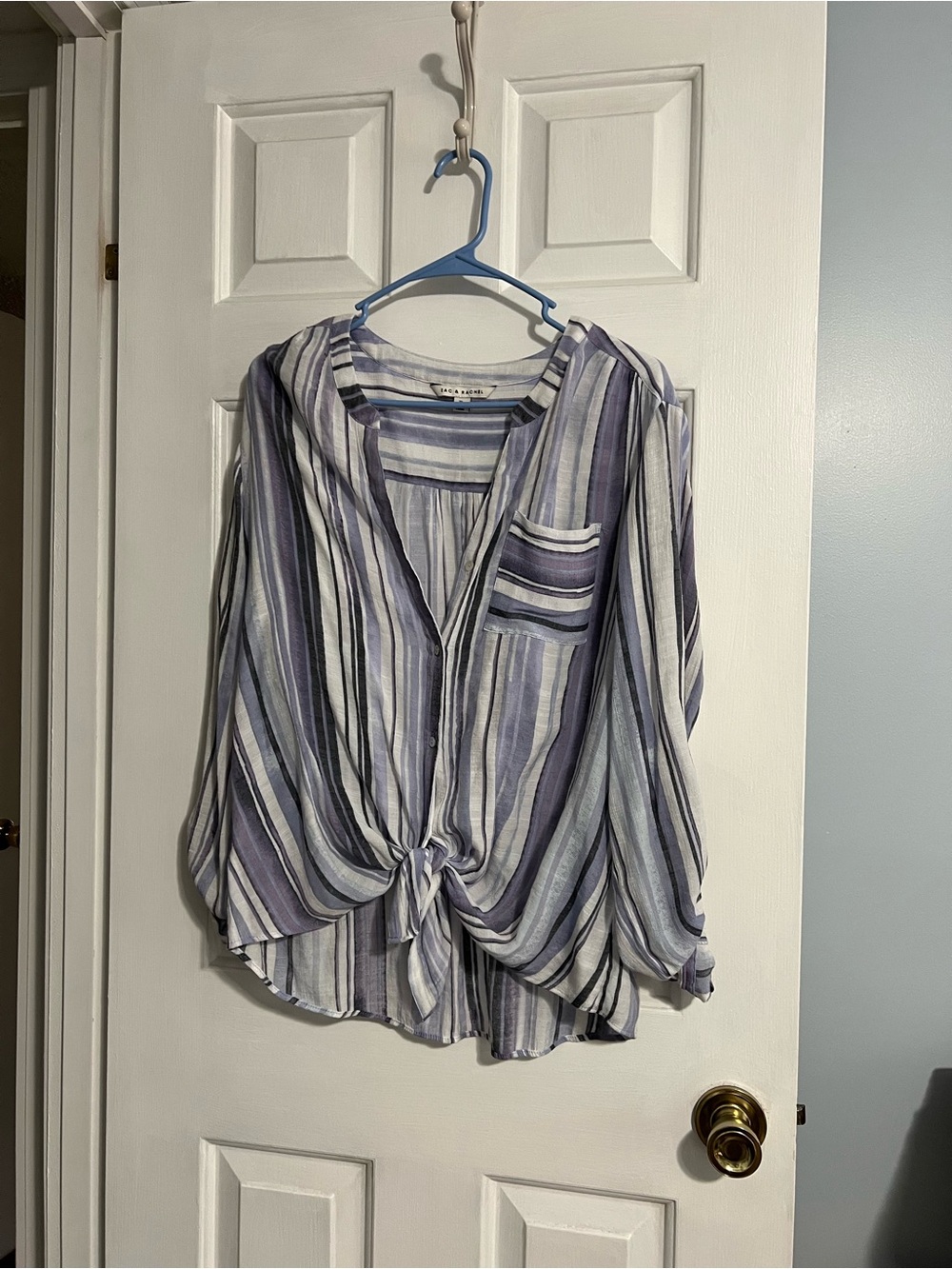 Zac & Rachel Lavender, White and Gray Striped Tie-Front Blouse